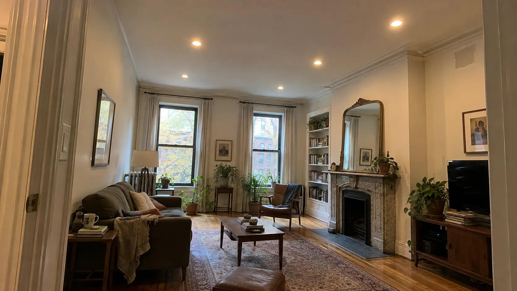 Recessed ceiling lights in a Brooklyn brownstone living room