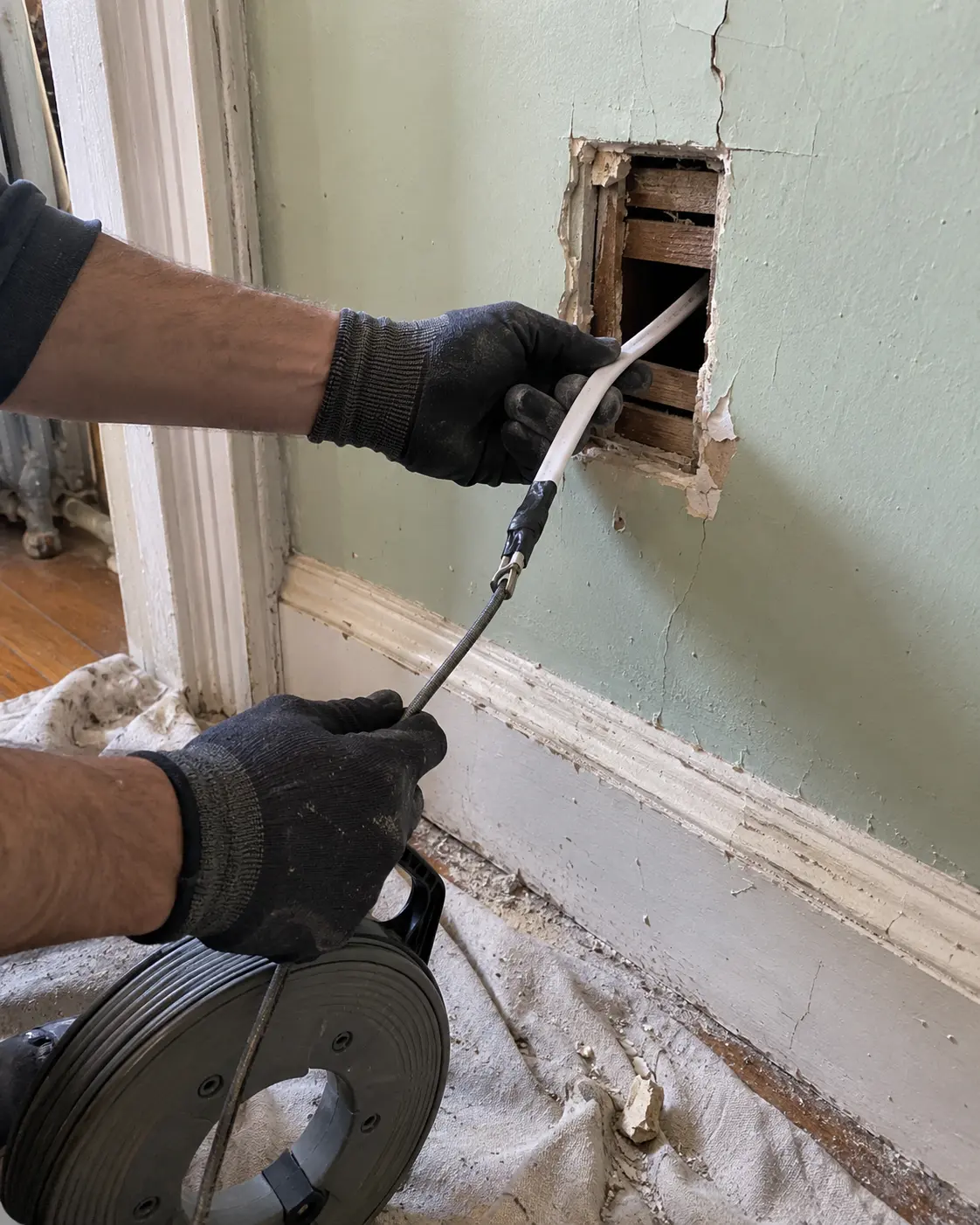 Electrician pulling new cable through a Brooklyn brownstone plaster wall
