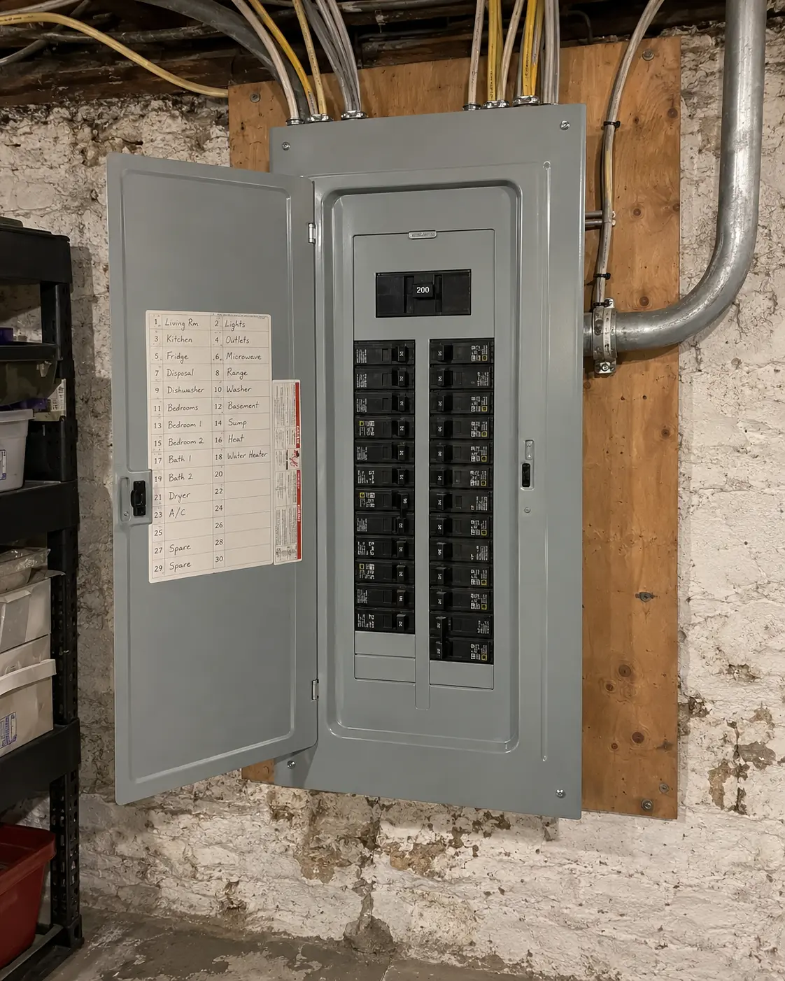 New 200-amp electrical panel with labeled circuits in a basement